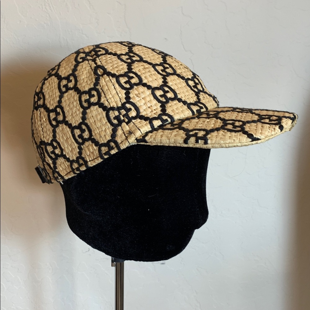 Gucci Raffia Black Monogram Stitch Velcro SnapBack Cap Hat Sz. L